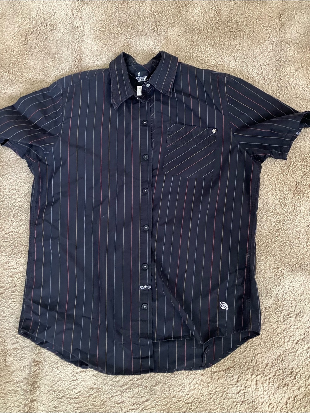 Lost Black Short-Sleeve Button-Down Shirt with Red Pinstripes